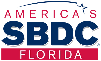 Logo of America's SBDC Florida, featuring the text "America's" in red with a blue swoosh above, "SBDC" in large blue font, and "Florida" in white on a red background below.
