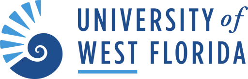 Logo of University of West Florida featuring a stylized nautilus shell on the left, with "University of West Florida" text in blue to the right.