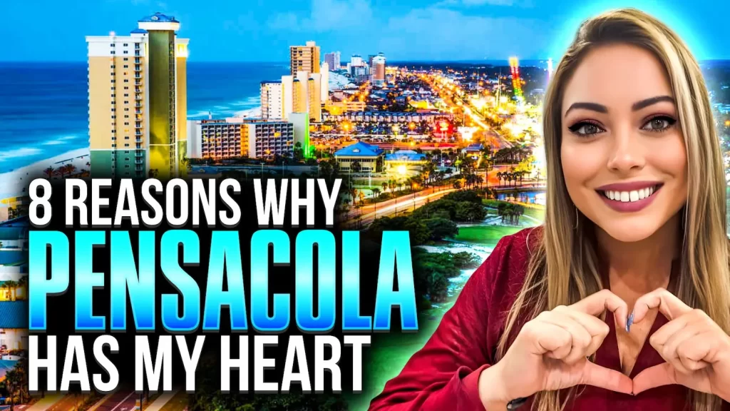 En primer plano, una mujer sonriendo formando un corazón con las manos. Al fondo, un paisaje urbano brillantemente iluminado por la noche, con el texto "8 razones por las que Pensacola tiene mi corazón" bien visible.