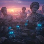 A futuristic scene with glowing-eyed robots amidst ancient Greek statue ruins at sunset. The city skyline gleams in the background, blending old and new elements in a surreal landscape.