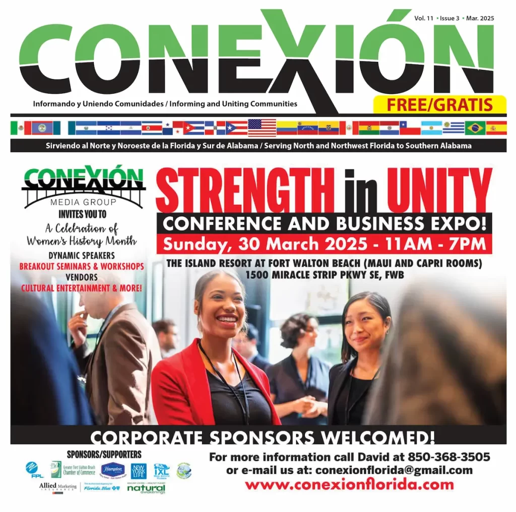 Folleto para la conferencia "Conexión: La Fuerza en la Unidad", que se celebrará el 30 de marzo de 2025, de 11:00 a 19:00 h, en el Island Resort de Fort Walton Beach. Incluye seminarios, talleres y entretenimiento. Contacto: 850-368-3505.