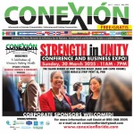 Folleto para la conferencia "Conexión: La Fuerza en la Unidad", que se celebrará el 30 de marzo de 2025, de 11:00 a 19:00 h, en el Island Resort de Fort Walton Beach. Incluye seminarios, talleres y entretenimiento. Contacto: 850-368-3505.