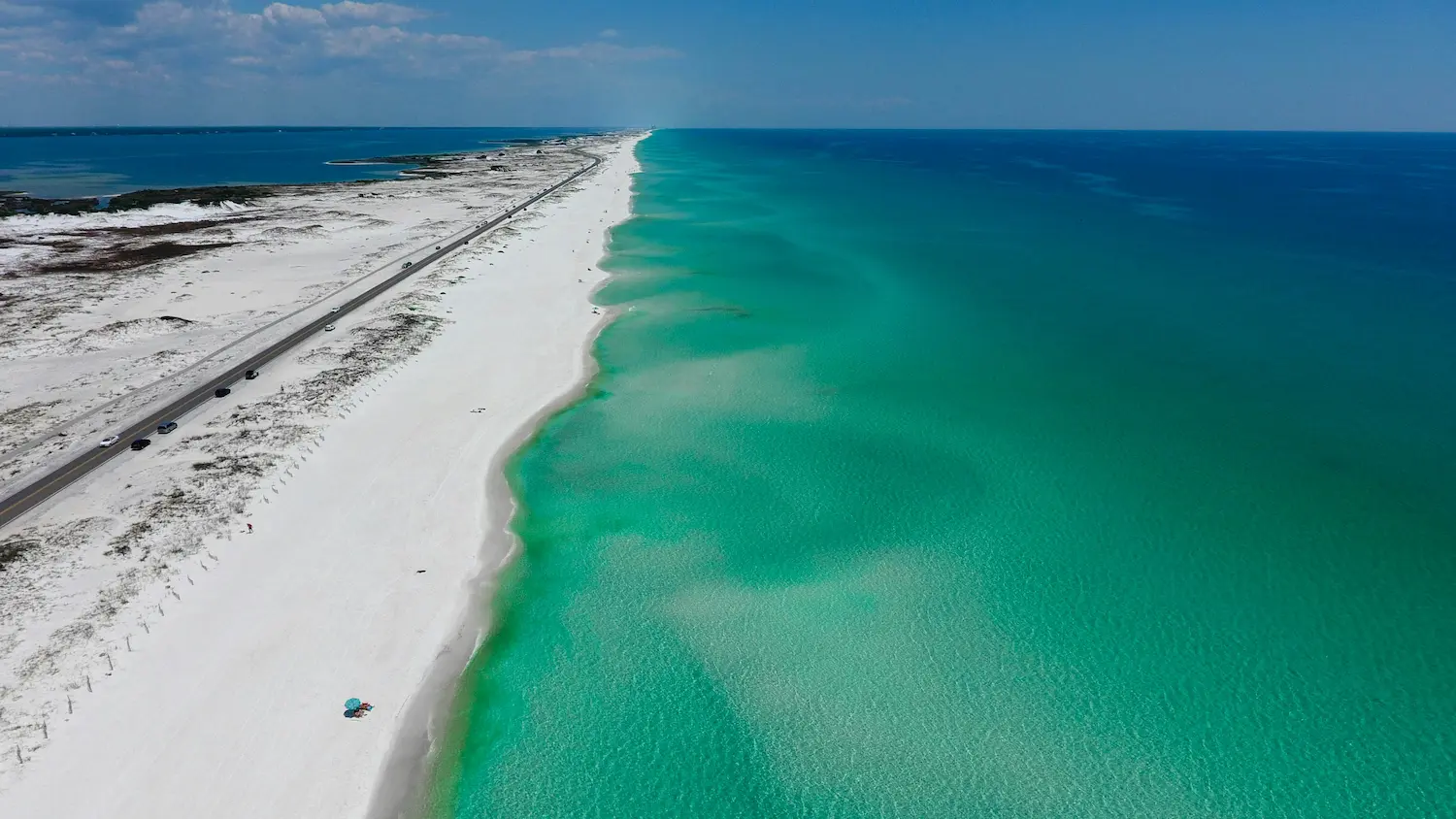 Aerial view of a deserted white sand beach beside a turquoise ocean on the stunning Emerald Coast. A road runs parallel to the shoreline, dotted with a few vehicles. Sparse vegetation borders the beach on the left, enhancing its natural beauty beneath a partly cloudy sky.