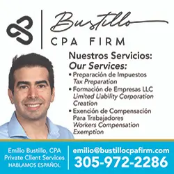 Anuncio de la firma de contadores públicos Bustillo en inglés y español con un hombre sonriente. Los servicios que se ofrecen incluyen preparación de impuestos, constitución de una sociedad de responsabilidad limitada (LLC) y exención de compensación laboral. Información de contacto: emilio@bustillocpafirm.com, 305-972-2286.