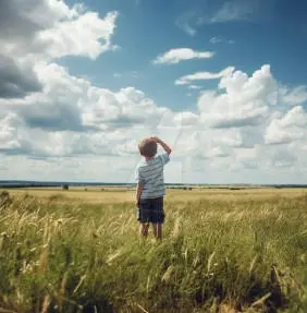 A young boy with a synthetic hand stands in a field of tall grass under a partly cloudy sky, looking into the distance with his hand shielding his eyes from the sun, evoking the wonder of Oz.