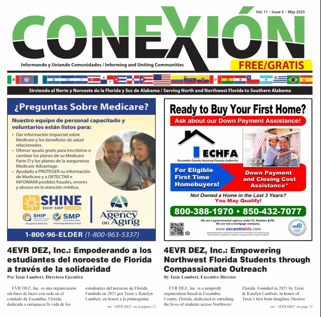 A bilingual newsletter cover titled "Conexión," featuring articles about Medicare, home buying, resources for seniors, and student empowerment in Northwest Florida. Prominent ads and contact information are displayed, with text in Spanish and English.