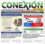 Portada de un periódico comunitario bilingüe, “CONEXIÓN”, con información sobre Medicare, asistencia para compradores de vivienda por primera vez y artículos sobre cómo empoderar a los estudiantes de Florida; incluye números de teléfono, logotipos y cuadros de texto coloridos en inglés y español.
