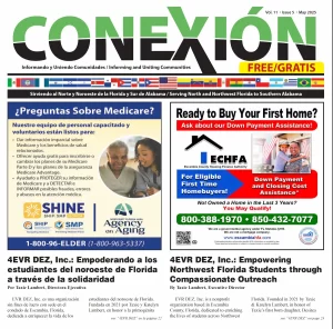 A bilingual newsletter cover titled "Conexión," featuring articles about Medicare, home buying, resources for seniors, and student empowerment in Northwest Florida. Prominent ads and contact information are displayed, with text in Spanish and English.