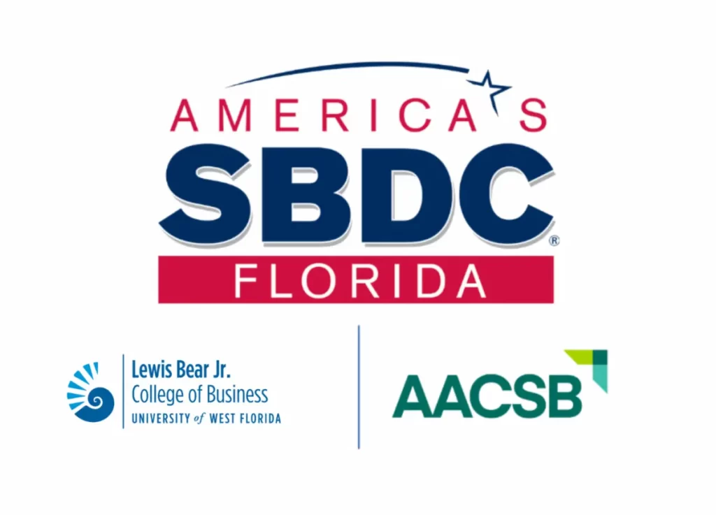 Logos for America’s SBDC Florida, the Lewis Bear Jr. College of Business at University of West Florida, and AACSB are displayed on a white background to promote upcoming SBDC workshops.