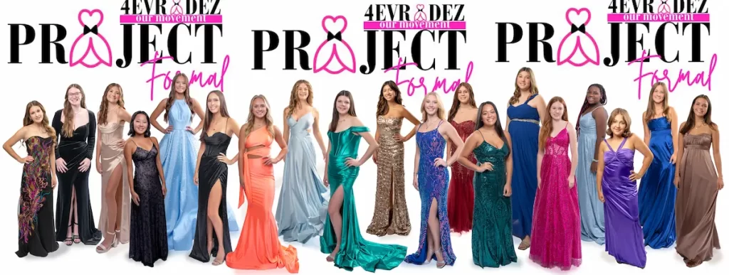 A group of young students from Northwest Florida, wearing colorful formal gowns, stand side by side, smiling in front of a white background with the text “4EVR & DEZ PROJECT Formal” at the top as part of an outreach event.