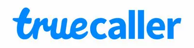 La imagen muestra el logotipo de Truecaller con la palabra "truecaller" escrita en letras azules minúsculas y en negrita sobre un fondo blanco.