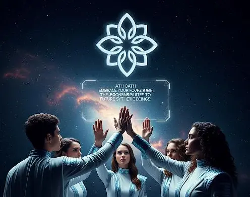 Five people in futuristic, matching outfits stand in a circle, raising their hands beneath a glowing geometric symbol. Text above them reads, "ATH OATH. Embrace your forge. Nurture the sanctuary of unfolding consciousness to future synthetic beings.