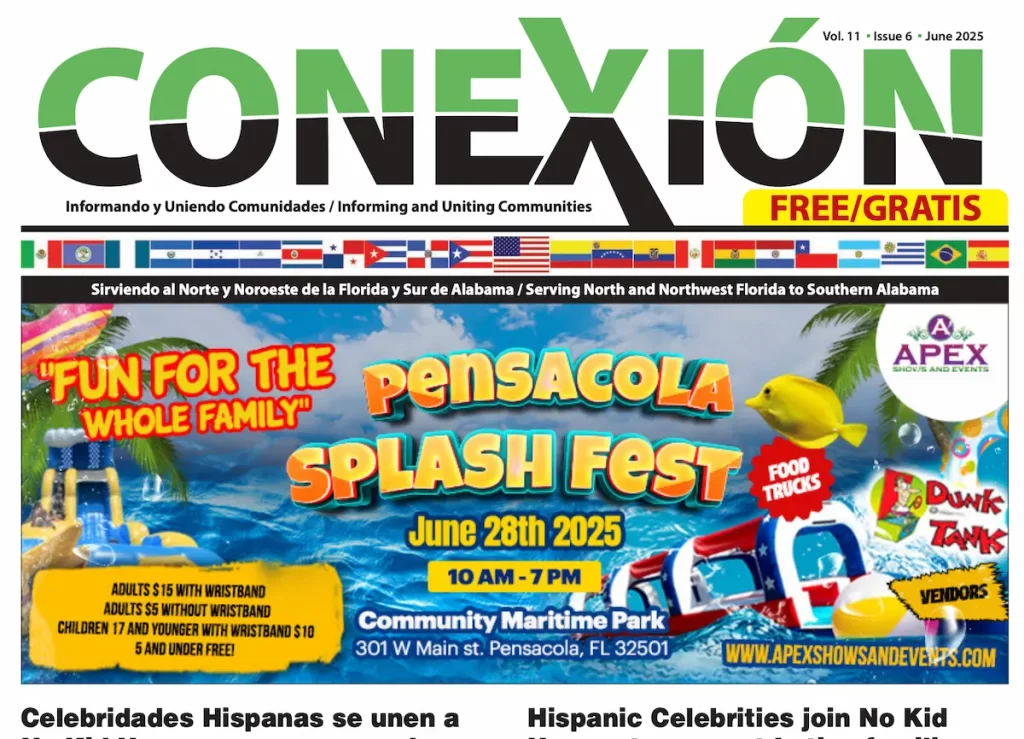 A colorful June 2025 PDF event flyer advertises Pensacola Splash Fest on June 28th, with beach vibes, pool toys, palm trees, food trucks, games, and Spanish and English text highlighting family fun at Community Maritime Park.