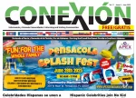 Un folleto colorido para el Pensacola Splash Fest en el Parque Marítimo Comunitario el 28 de junio de 2025, con atracciones acuáticas, food trucks y juegos. El evento se promociona como "Diversión para toda la familia" y es gratuito para niños menores de 2 años.