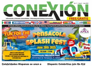 A colorful June 2025 PDF event flyer advertises Pensacola Splash Fest on June 28th, with beach vibes, pool toys, palm trees, food trucks, games, and Spanish and English text highlighting family fun at Community Maritime Park.