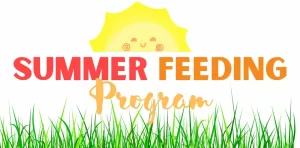 Ilustración con el texto "Programa de Alimentación de Verano", que muestra un sol radiante arriba y césped verde abajo. Las palabras "Alimentación de Verano" están en negrita y en rojo anaranjado; "Programa" está en letra cursiva.