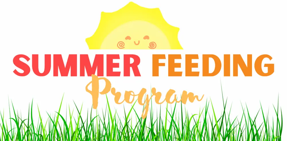 Text says "Summer Feeding Program" with "Summer Feeding" in red and orange and "Program" in gold script. A smiling sun and green grass brighten the background, highlighting the Okaloosa County Schools 2025 Summer Food Service Program.
