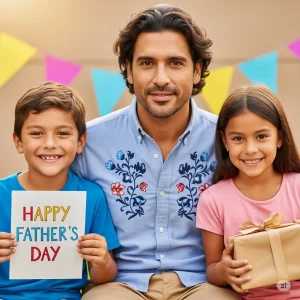 A smiling man sits between a young boy holding a "Happy Father's Day" card and a young girl with a wrapped gift, ready for the Father’s Day challenge. Colorful pennant banners in the background add to the festive atmosphere.