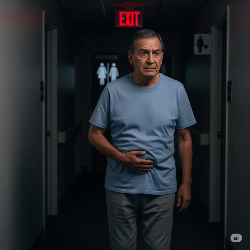 An older man in a light blue shirt and gray pants stands in a dim hallway, holding his stomach and looking concerned—a scene suggestive of discomfort from Prostate Hypertrophy. Behind him, restroom signs and a red EXIT sign are visible.