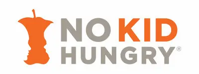 The No Kid Hungry logo features an orange apple core silhouette and the words "NO KID HUNGRY," with "KID" in orange and the rest in gray, highlighting support for Latino families across the nation.