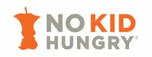 No Kid Hungry logo featuring an orange apple core silhouette and the words "NO KID HUNGRY" in bold gray and orange letters, supporting Latino families with access to healthy meals.