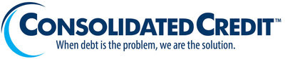 Consolidated Credit logo with a blue crescent shape and the tagline, "When debt is the problem, we are the solution.