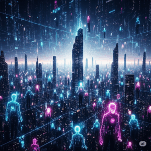 Futuristic cityscape with glowing neon buildings and numerous holographic human figures connected by lines, symbolizing The Great Weave—a vast digital or virtual network linking every individual in this advanced society.