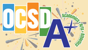 OCSDA logo with colorful blocks behind the letters, a large blue "A+" highlighting its A Rating from the Florida Department of Education, and "Academics, Arts, Athletics" in green curved text set against a starburst background.