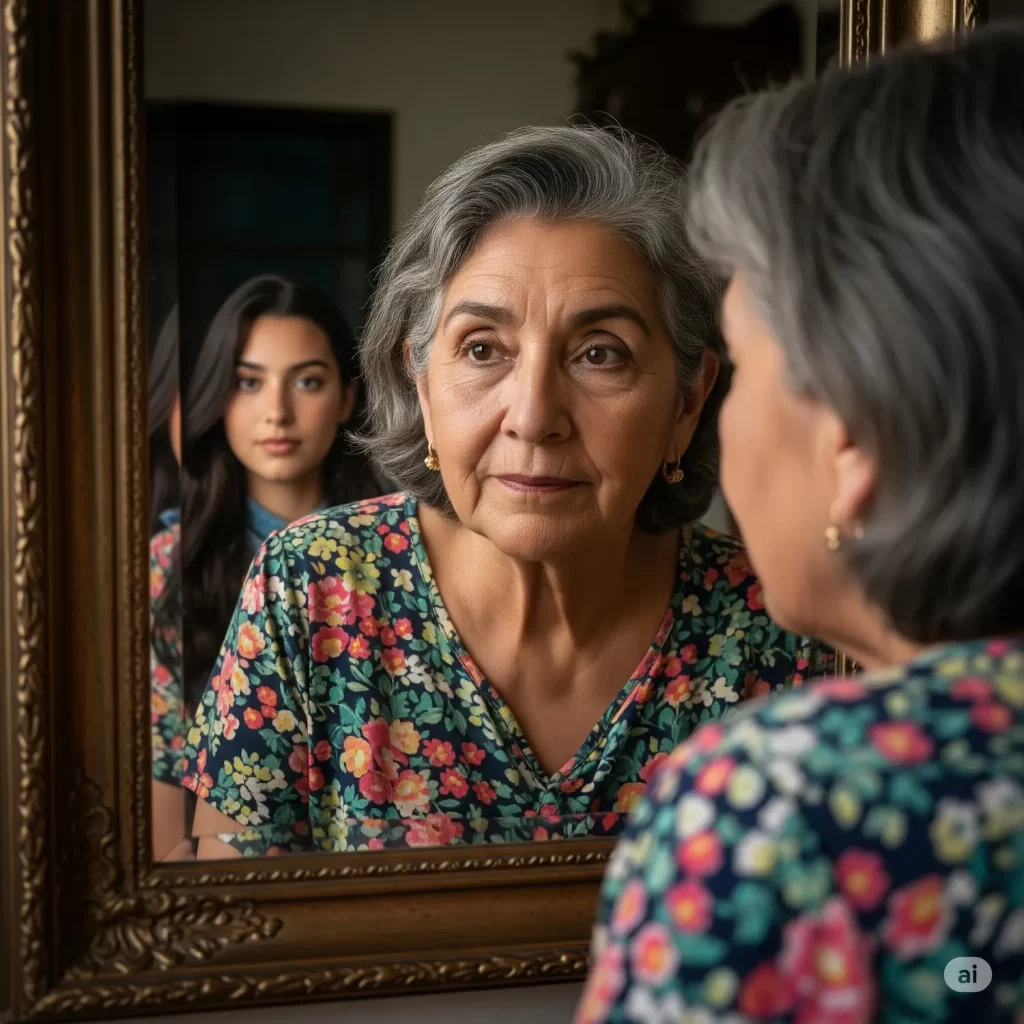 An older woman with gray hair and a floral shirt looks into a mirror, her reflection visible, as if pondering, "When Did I Get Old?" A younger woman in a floral shirt stands behind her, both appearing thoughtful.