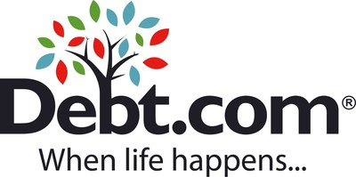 Logotipo de Debt.com con un árbol de hojas multicolores sobre el texto "Debt.com", en referencia a Consolidated Credit, y el eslogan "When life happens..." debajo.