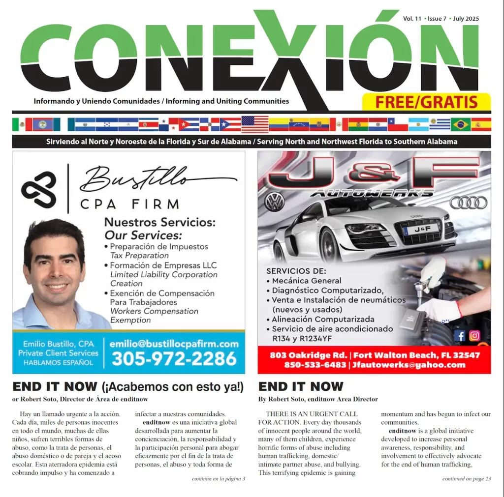 Front page of a bilingual community newspaper, “Conexion,” featuring ads for a CPA firm and an auto repair shop, with contact details, service lists, and articles in both English and Spanish at the bottom.