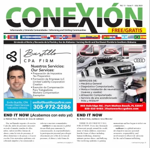 Una página de revista bilingüe con el título "CONEXION" en verde, anuncios de una firma de contadores públicos y un negocio de servicios para automóviles, y artículos en inglés y español sobre cómo dejar hábitos no deseados.