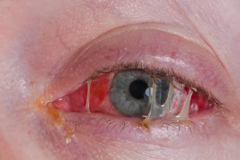 A close-up of a human eye with visible redness, inflammation, and yellowish discharge around the eyelashes and eyelid, indicating possible conjunctivitis or irritation.