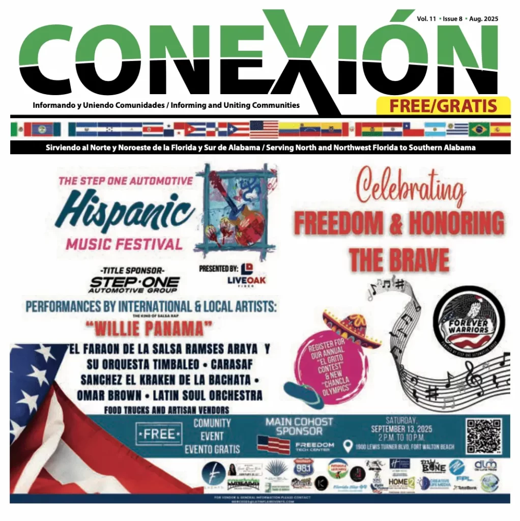 A magazine cover titled "Conexión August 2025" features Hispanic Music Festival details, a celebration of freedom and honoring the brave, with flags, event sponsors, and performer names showcased in both English and Spanish.