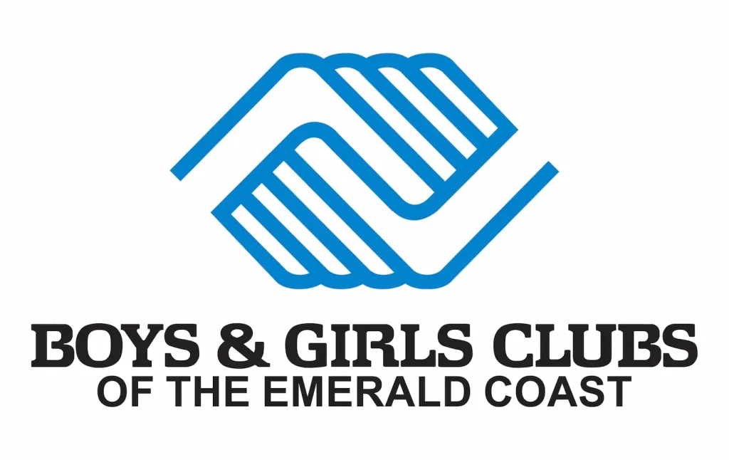 Logotipo con contorno azul de dos manos entrelazadas sobre las palabras "Boys & Girls Clubs of the Emerald Coast" en texto negro y gris.