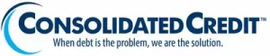 Consolidated Credit logo with a blue circular swoosh and the text “Consolidated Credit” above the tagline “When debt is the problem, we are the solution.”.