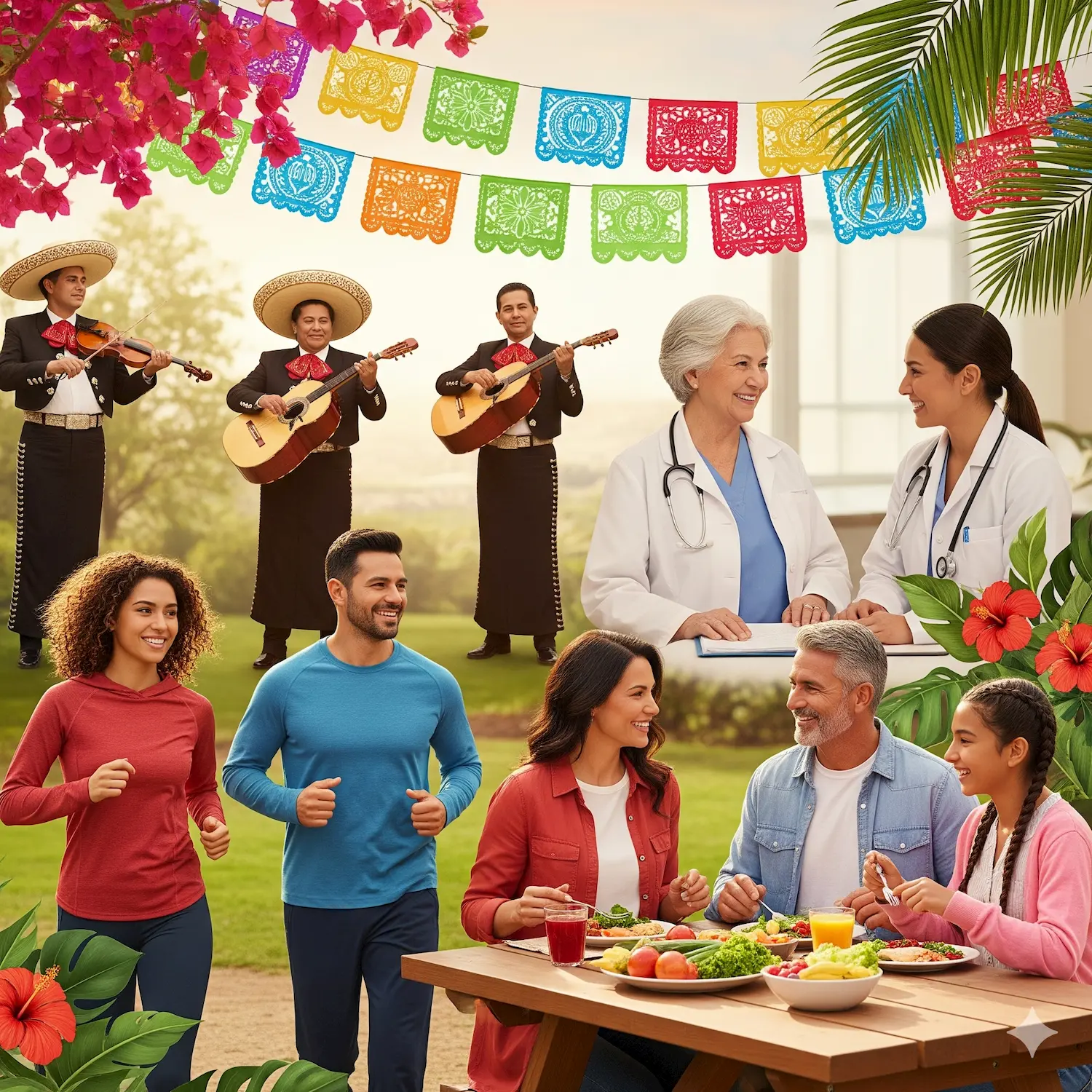 People enjoy a festive outdoor scene with doctors talking, a family eating at a table, a couple jogging, and a mariachi band playing. Vibrant decorations, flowers, and greenery add to the lively atmosphere.