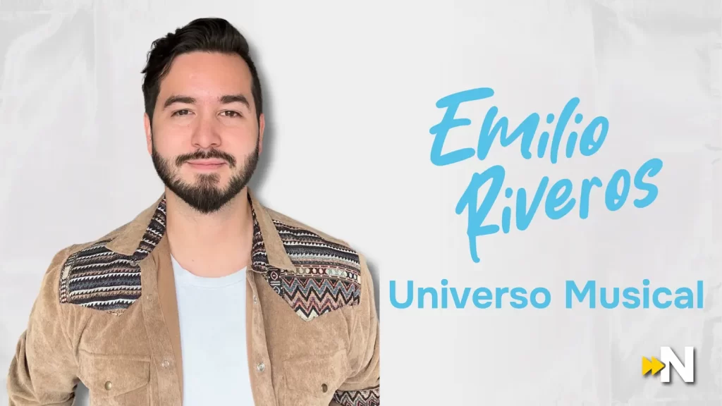 A man with dark hair and a beard, wearing a tan jacket with patterned details and a light blue shirt, stands next to text that reads "Emilio Riveros Universo Musical" on a light background.