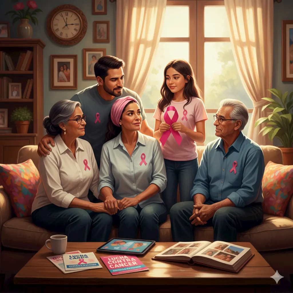A multigenerational family sits together on a couch, all wearing pink ribbons for breast cancer awareness. Supportive, they hold hands and share smiles. Breast cancer pamphlets and a photo album are on the table.