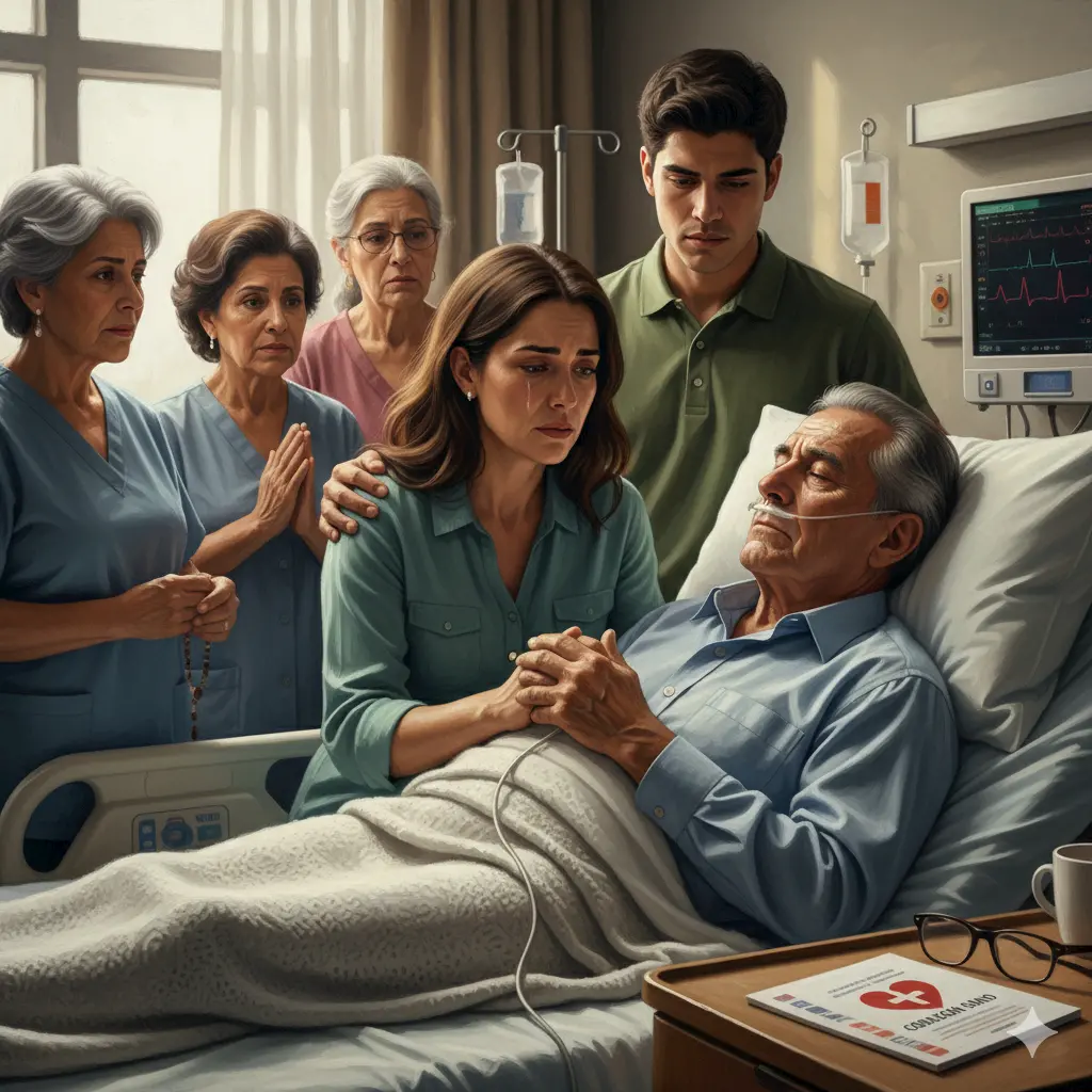 A family gathers somberly around an elderly man lying in a hospital bed, holding his hand. Medical monitors are visible, and the mood is emotional and supportive in the hospital room.