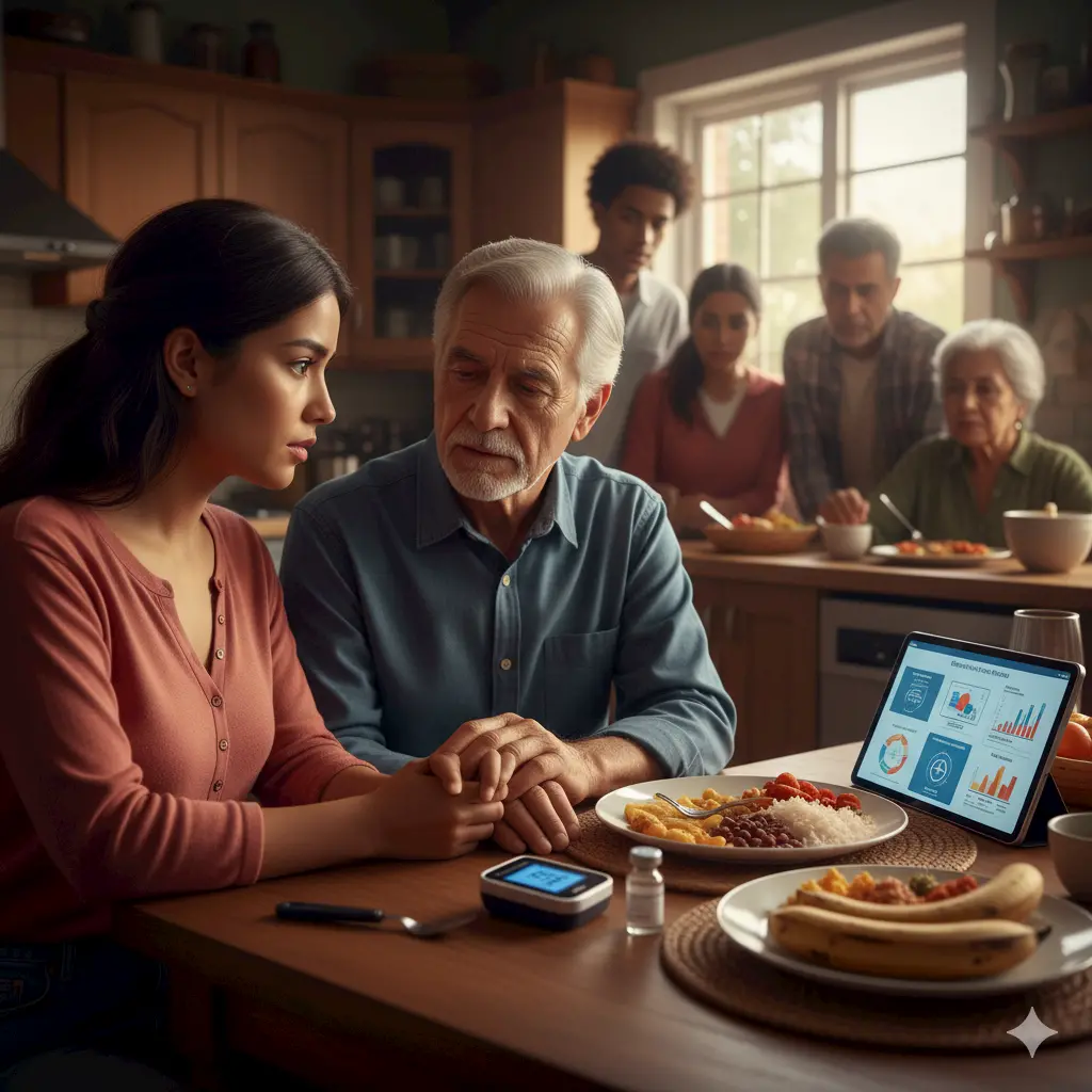 A concerned family sits in a kitchen, focusing on an elderly man and a young woman at the table with diabetes monitoring devices and a tablet displaying health charts. Others watch and offer support in the background.