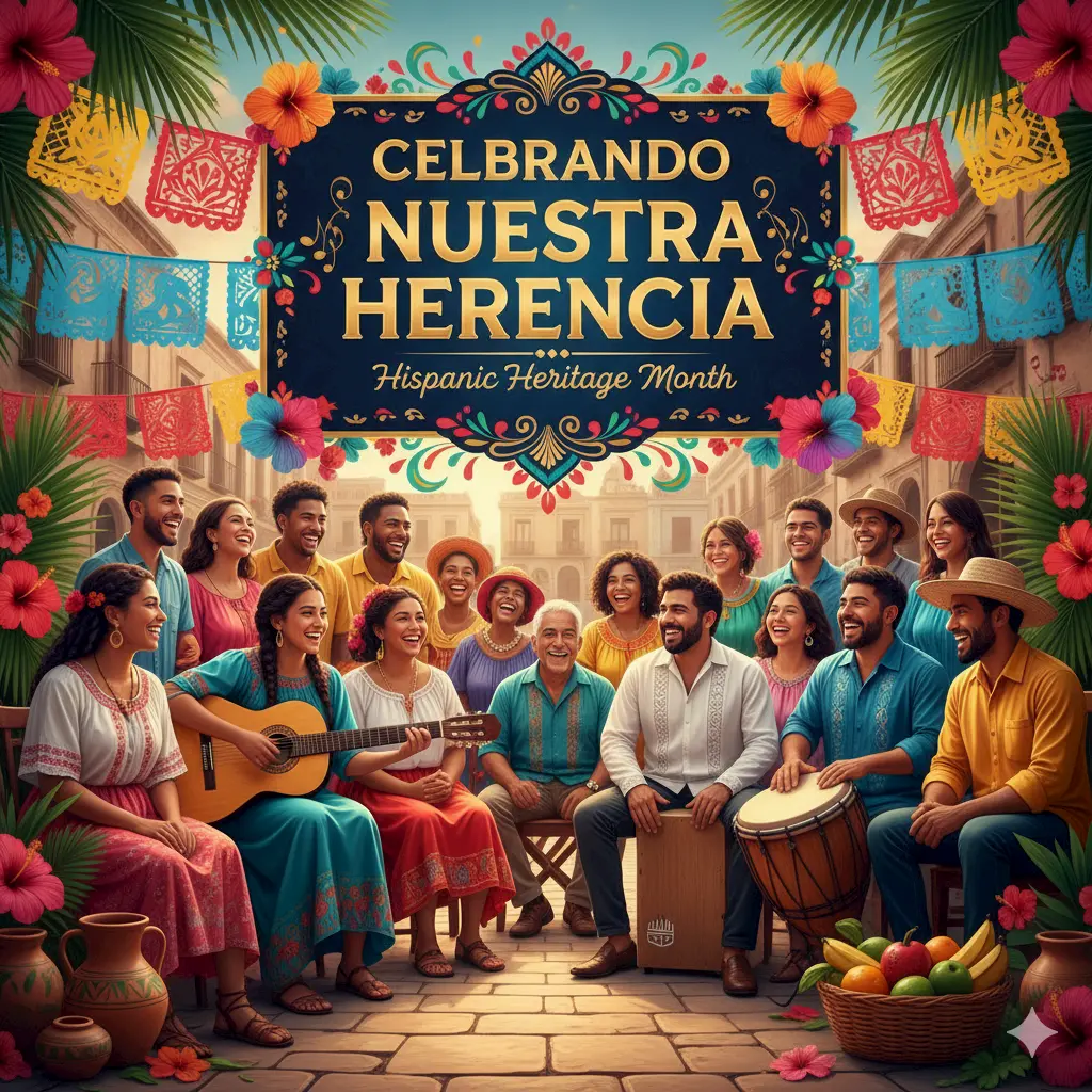 A vibrant group of people in colorful traditional clothing celebrates Hispanic Heritage Month outdoors, playing instruments and singing under festive decorations with a sign that reads “Celebrando Nuestra Herencia.”.