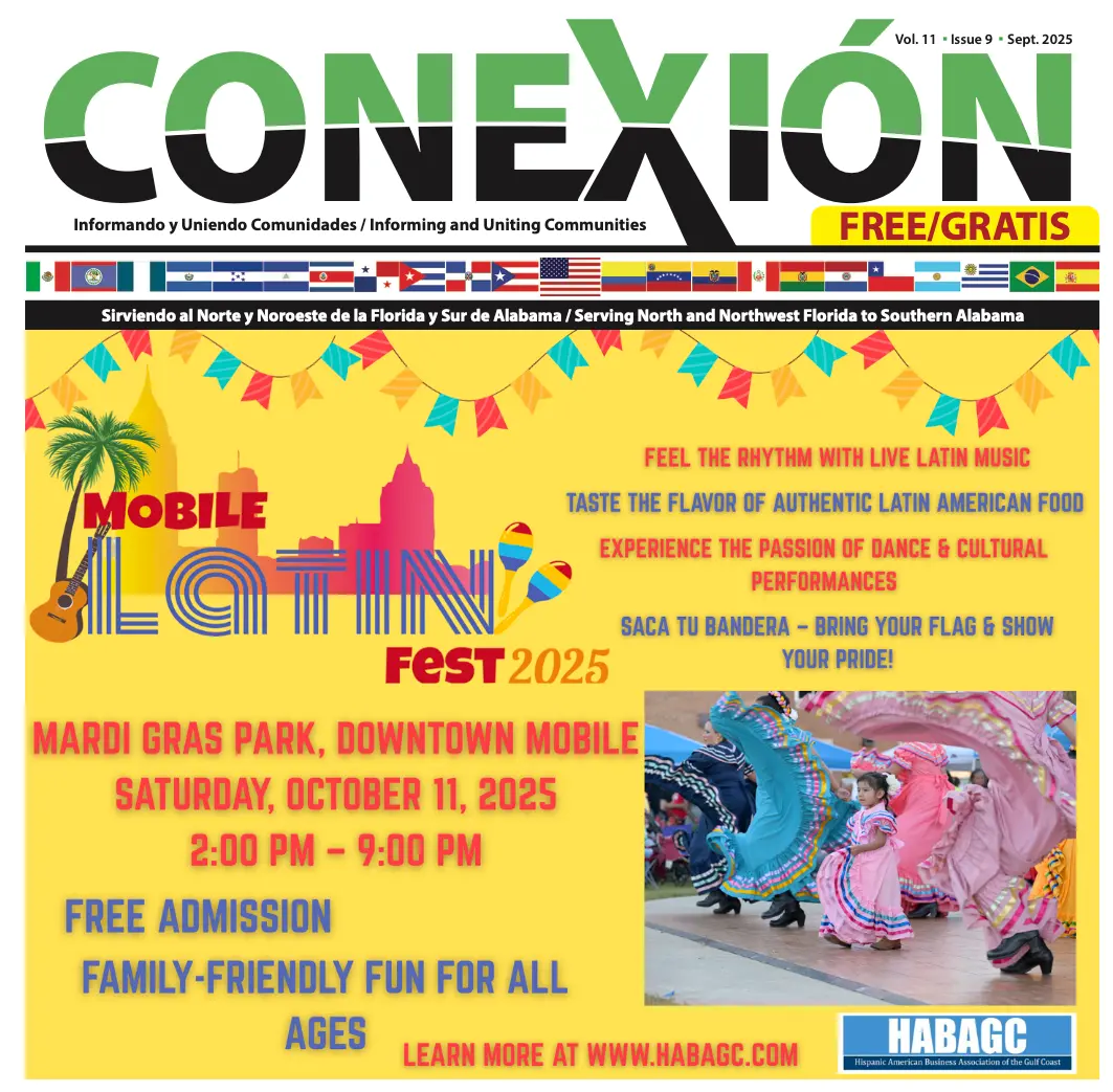 A flyer for Mobile Latin Fest 2025, presented by Conexión, features dancers in colorful attire and event details. Join us at Mardi Gras Park, Downtown Mobile on October 11, 2025, from 2-9 PM. Free admission for all ages—get ready after Conexión in September 2025!.
