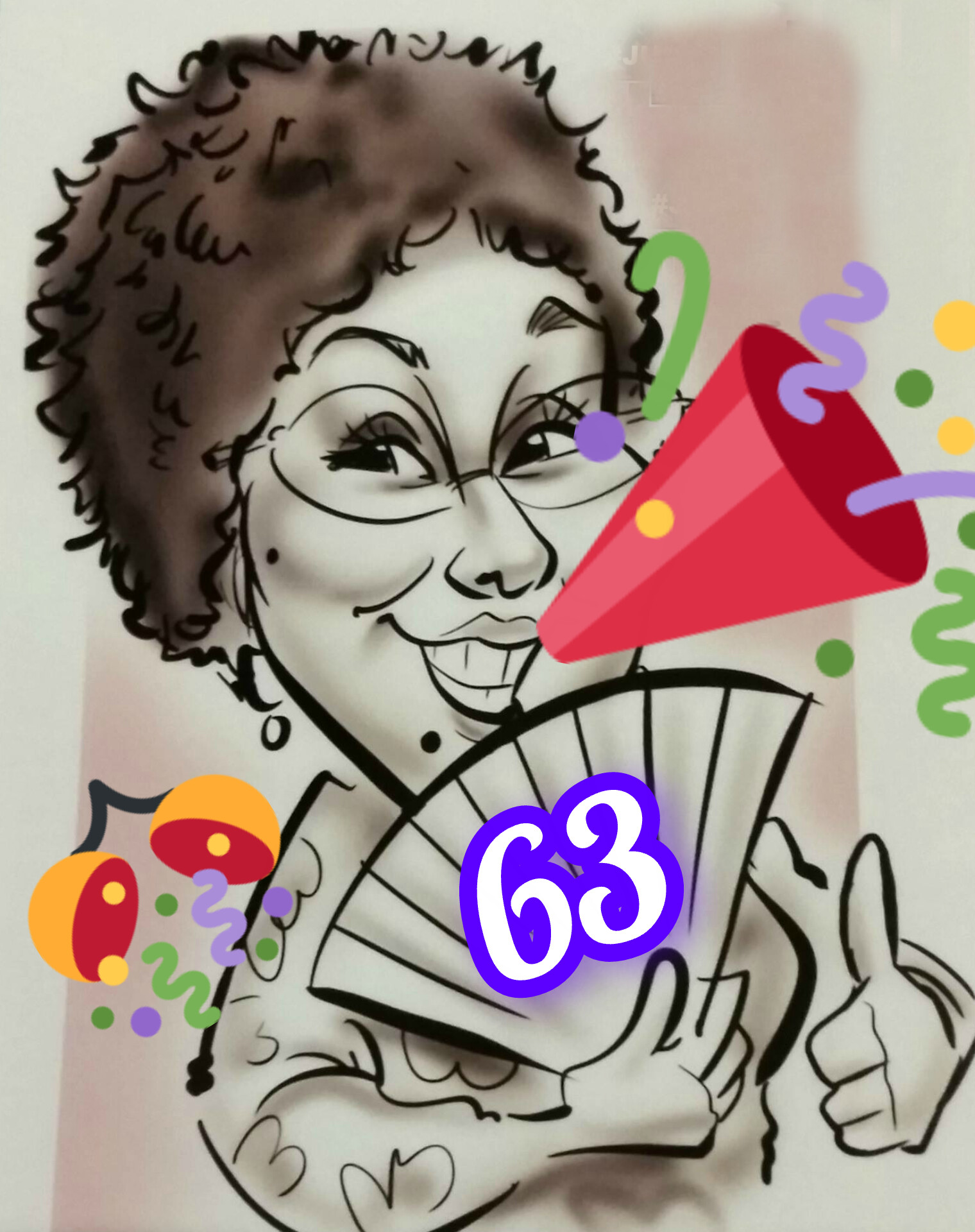 Caricature of a smiling woman with curly hair, glasses, and a fan labeled "63" in her hand. Festive emojis like a party horn and confetti surround her, suggesting a 63rd birthday celebration.