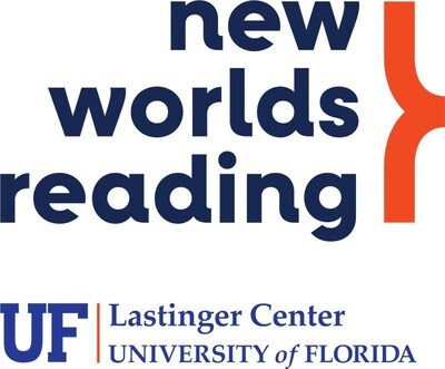 Logo with text: "new worlds reading" at the top, followed by "UF Lastinger Center University of Florida" at the bottom. An orange bracket appears to the right of "reading," highlighting a free reading program nurturing Florida students' love of books.