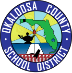 Circular logo for Okaloosa County School District with a map of Florida, an oil lamp, a book, sun rays, and "Okaloosa County School District" circling the edge, symbolizing community partnership and support for students in transition.