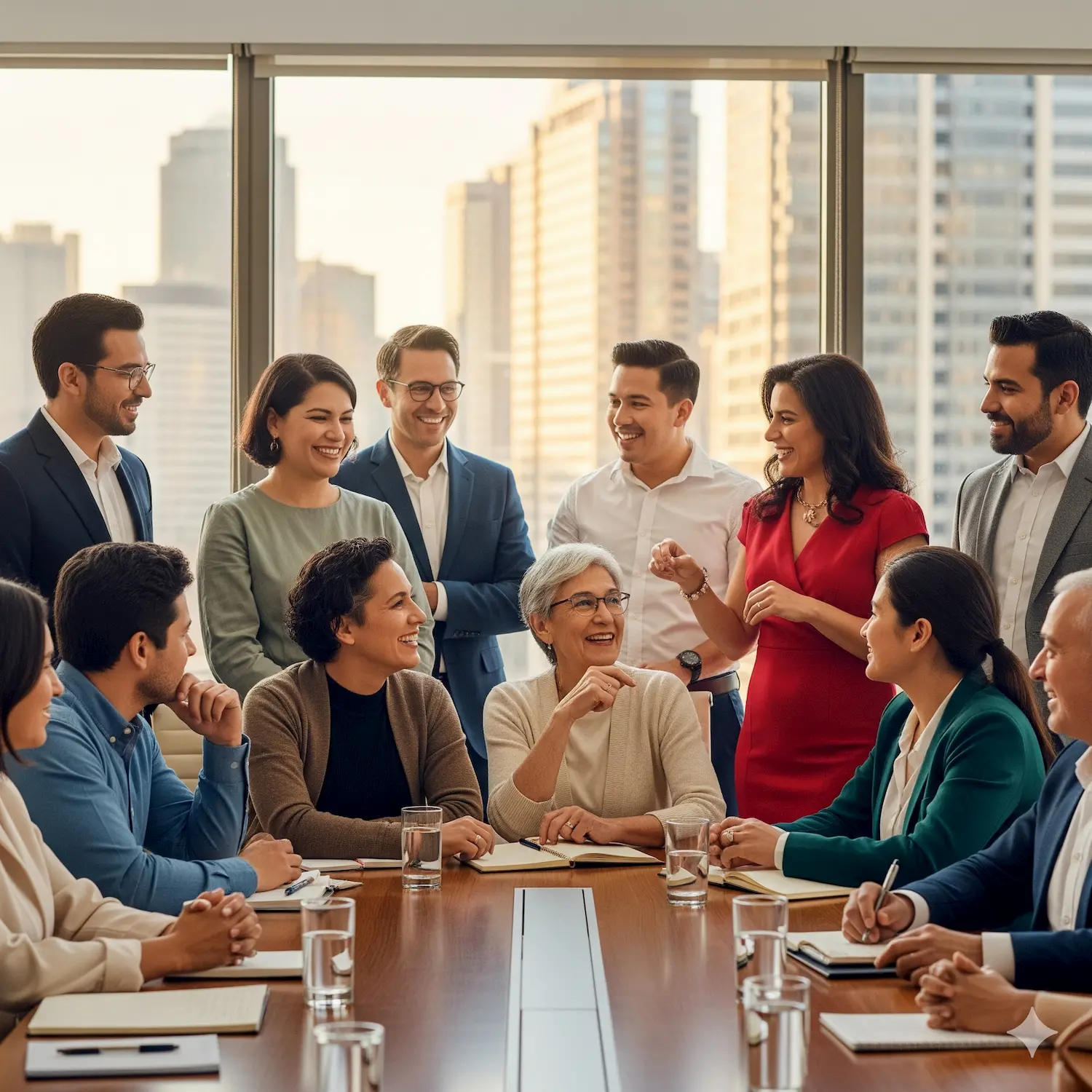 A diverse group of professionals sits and stands around a conference table, smiling and engaging in conversation, celebrating Hispanic Heritage Month with city buildings visible through large windows in the background.