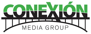 Logo for "Conexión Media Group" with "Conexión" in bold green and black letters above a stylized black bridge arc, symbolizing making connections. "Media Group" appears in smaller black letters below the arc.