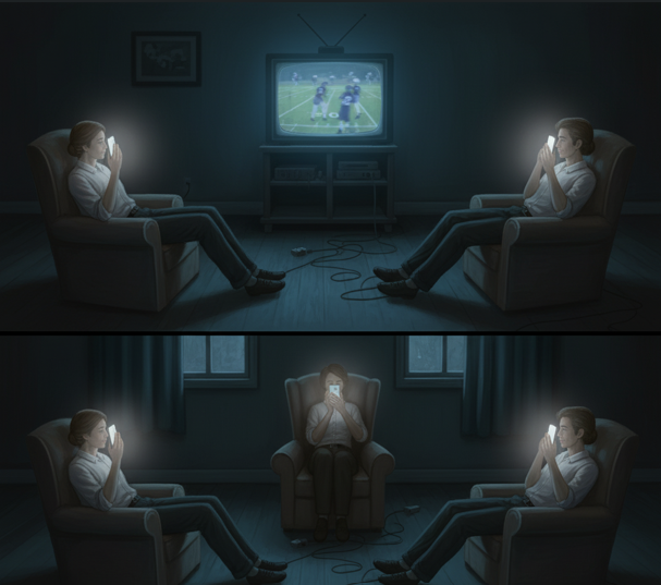 Two scenes: Top, two people in armchairs watch a football game on TV while checking their Pocket Companion phones. Bottom, one person sits alone in an armchair, illuminated only by their phone—Chapter 1 of Echo of the Hollow.