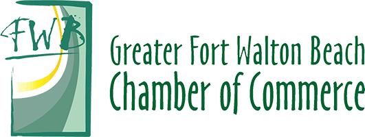 Logo of the Greater Fort Walton Beach Chamber of Commerce featuring stylized green and yellow graphics with the initials "FWB" and the organization's name in green text—perfect for Military Family Appreciation Day in Fort Walton Beach.